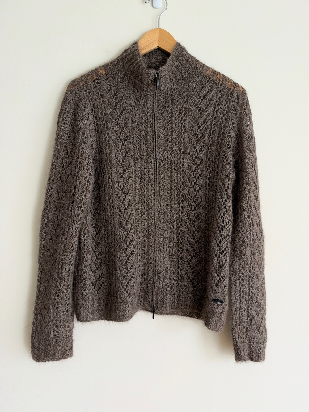 Qiviuk Carla Pearl Pointelle Open Knit Mockneck Full Zip Cardigan Taupe